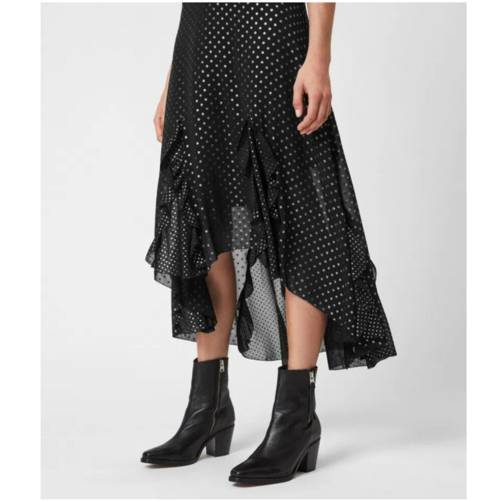 ALLSAINTS Ilia Dot Maxi Asymmetric Hem Skirt Size 0 witchy grunge whimsigoth